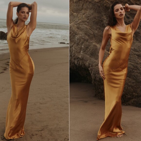 House of CB SAFAIRA Amber Satin Draped Cowl Neck Maxi Dress